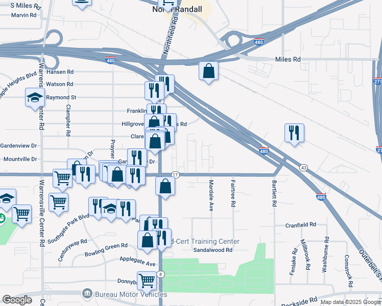 map of restaurants, bars, coffee shops, grocery stores, and more near 21981 Libby Road in Bedford Heights