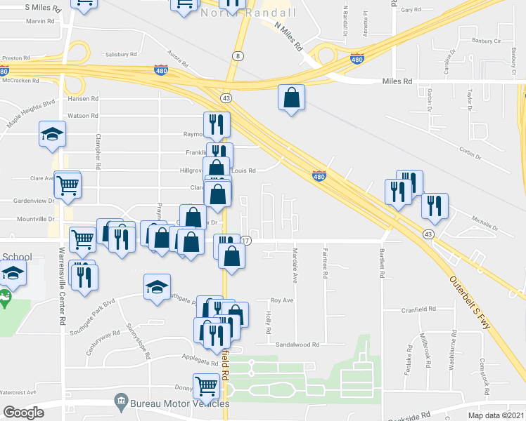 map of restaurants, bars, coffee shops, grocery stores, and more near 22051 Libby Road in Bedford Heights