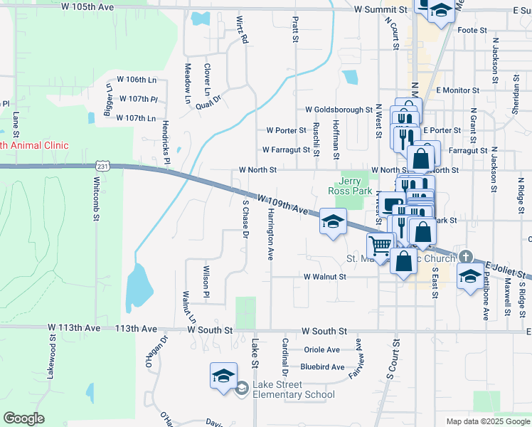 map of restaurants, bars, coffee shops, grocery stores, and more near 117 Harrington Avenue in Crown Point