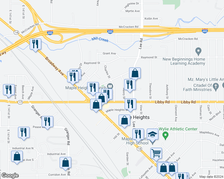 map of restaurants, bars, coffee shops, grocery stores, and more near 5222 Paine Avenue in Maple Heights