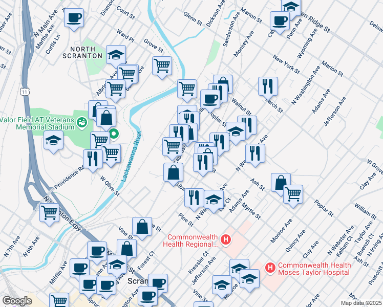 map of restaurants, bars, coffee shops, grocery stores, and more near 326 Phelps Street in Scranton