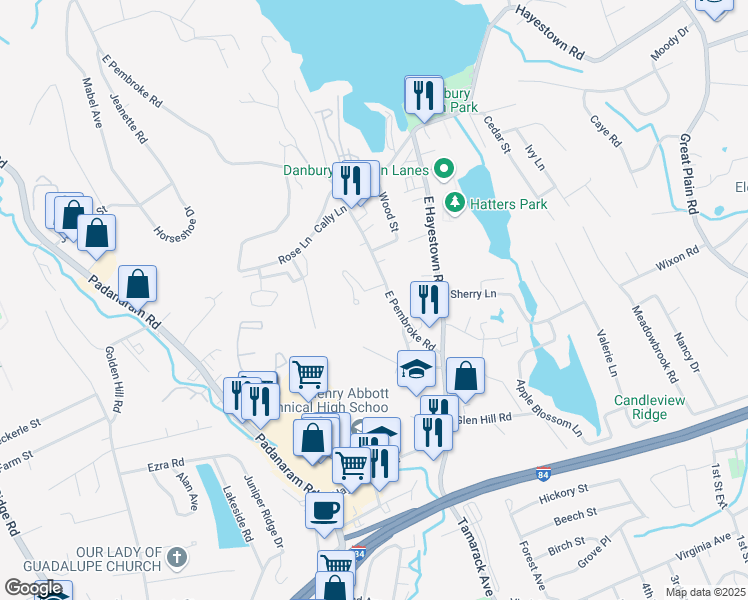 map of restaurants, bars, coffee shops, grocery stores, and more near 16 East Pembroke Road in Danbury