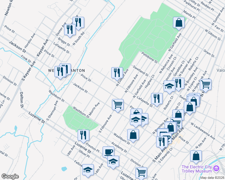 map of restaurants, bars, coffee shops, grocery stores, and more near 1901 Price Street in Scranton