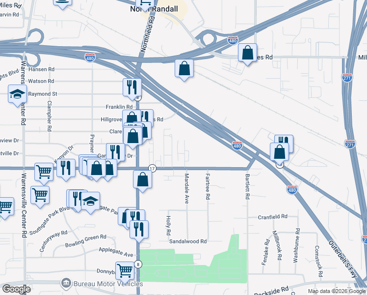 map of restaurants, bars, coffee shops, grocery stores, and more near 22155 Libby Road in Bedford