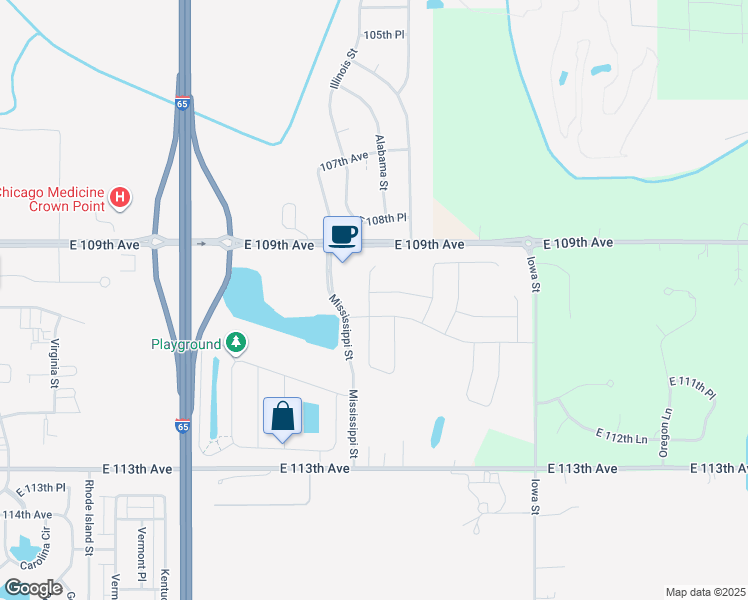 map of restaurants, bars, coffee shops, grocery stores, and more near 2275 East 109th Avenue in Crown Point