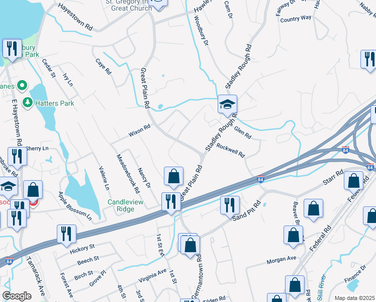 map of restaurants, bars, coffee shops, grocery stores, and more near 44 Great Plain Road in Danbury