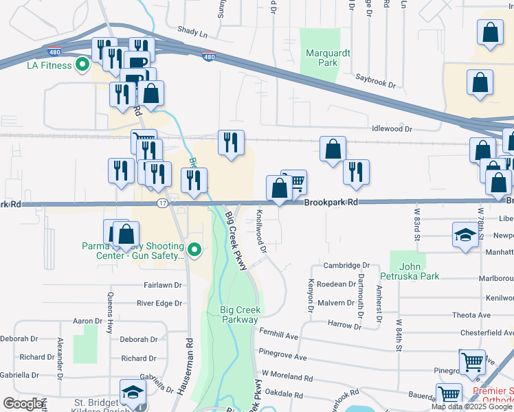 map of restaurants, bars, coffee shops, grocery stores, and more near 5250 Knollwood Drive in Parma