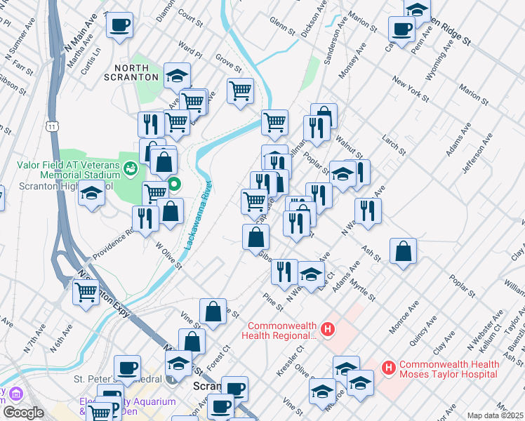 map of restaurants, bars, coffee shops, grocery stores, and more near 857 Capouse Avenue in Scranton