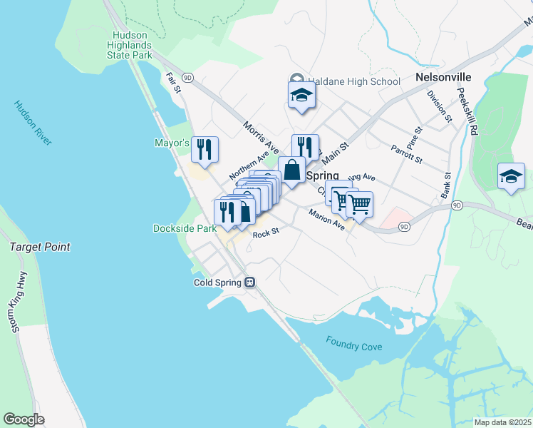map of restaurants, bars, coffee shops, grocery stores, and more near 22 Rock Street in Cold Spring
