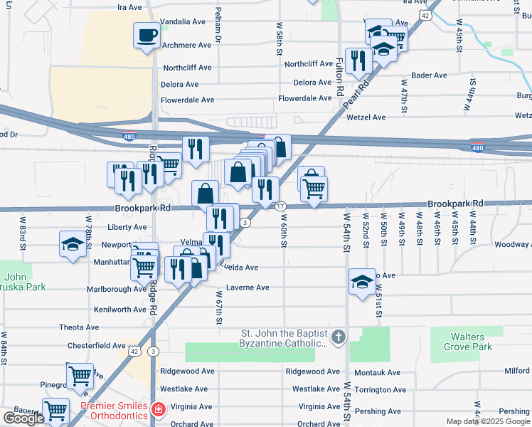 map of restaurants, bars, coffee shops, grocery stores, and more near 6110 Merkle Avenue in Parma