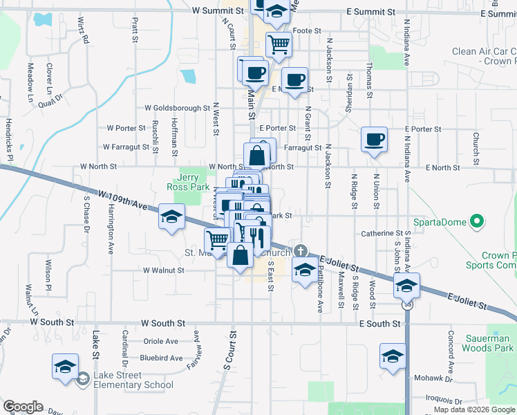 map of restaurants, bars, coffee shops, grocery stores, and more near 101 North Main Street in Crown Point