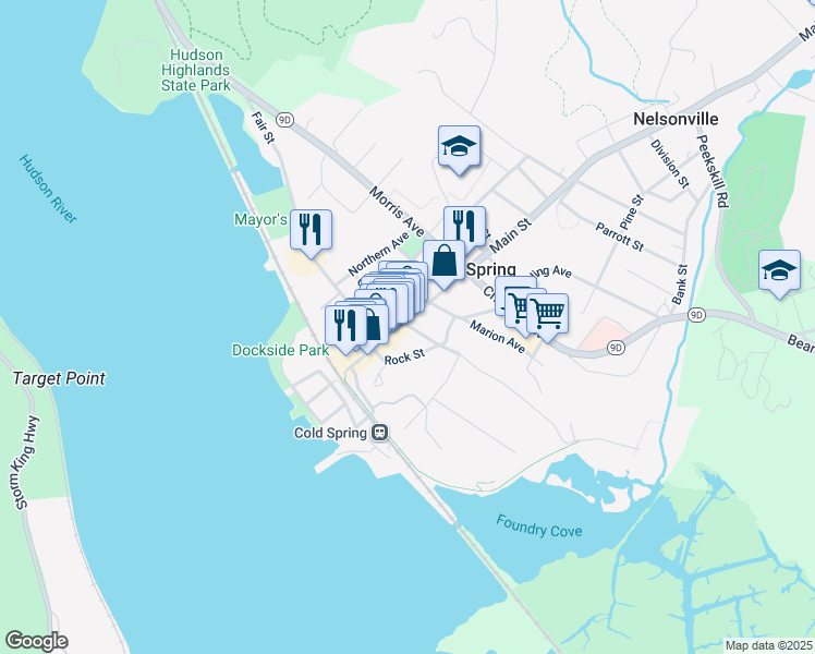 map of restaurants, bars, coffee shops, grocery stores, and more near 22 Rock Street in Cold Spring