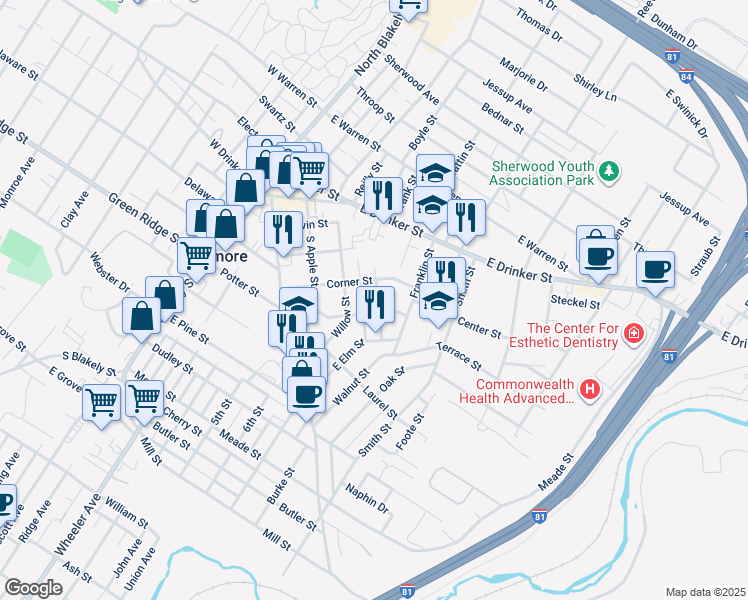 map of restaurants, bars, coffee shops, grocery stores, and more near 417 Mortimer Street in Scranton