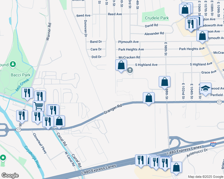 map of restaurants, bars, coffee shops, grocery stores, and more near 9001 North Granger Road in Garfield Heights