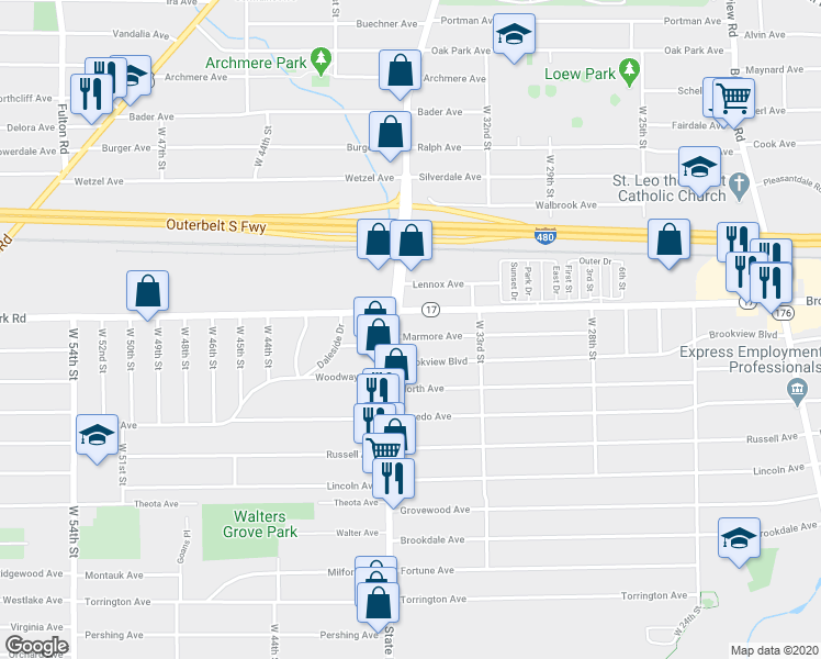 map of restaurants, bars, coffee shops, grocery stores, and more near 3433 Marmore Avenue in Parma