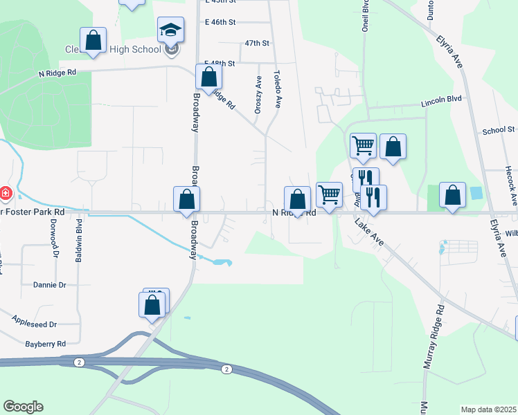 map of restaurants, bars, coffee shops, grocery stores, and more near 43243 North Ridge Road in Elyria