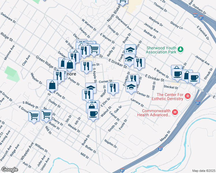 map of restaurants, bars, coffee shops, grocery stores, and more near 201 Willow Street in Dunmore