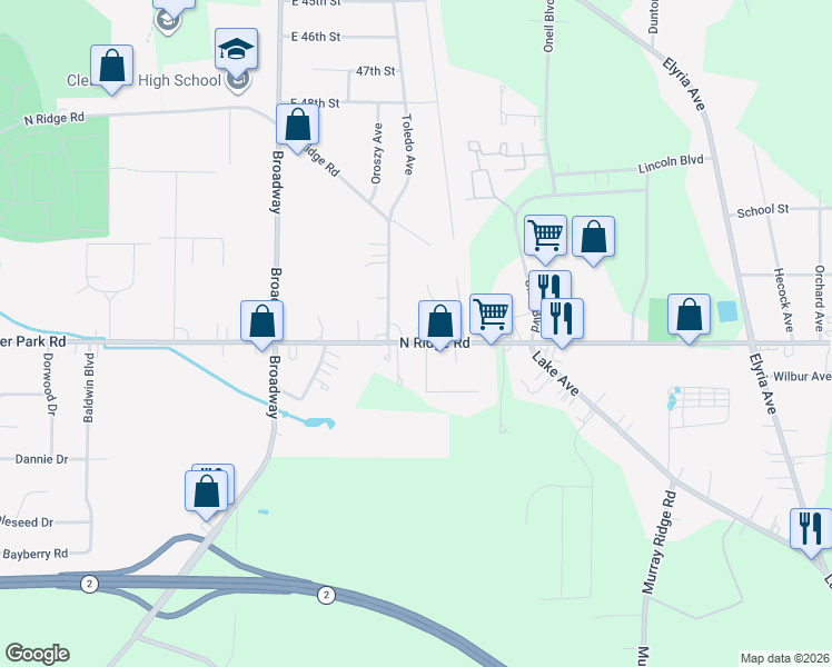 map of restaurants, bars, coffee shops, grocery stores, and more near 43191 North Ridge Road in Elyria
