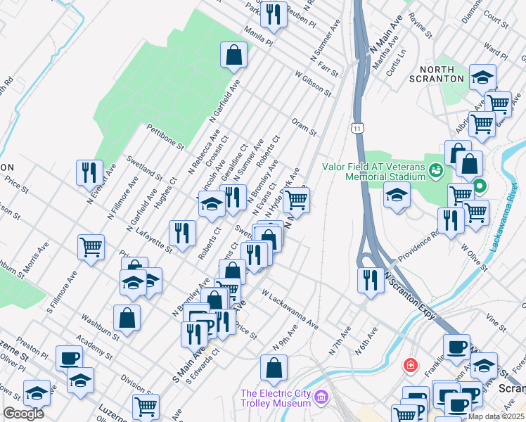 map of restaurants, bars, coffee shops, grocery stores, and more near 536 North Hyde Park Avenue in Scranton