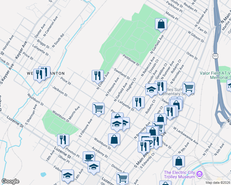 map of restaurants, bars, coffee shops, grocery stores, and more near 1717 Lafayette Street in Scranton