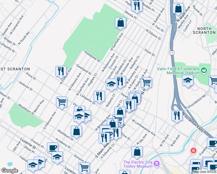 map of restaurants, bars, coffee shops, grocery stores, and more near 352 North Lincoln Avenue in Scranton