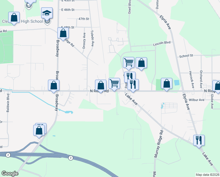 map of restaurants, bars, coffee shops, grocery stores, and more near 43005 North Ridge Road in Elyria
