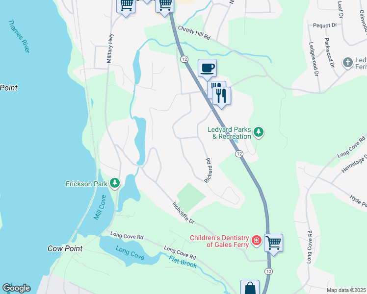 map of restaurants, bars, coffee shops, grocery stores, and more near 42 Richard Road in Ledyard