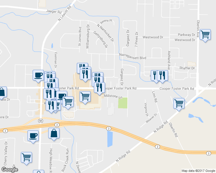 map of restaurants, bars, coffee shops, grocery stores, and more near 1830 Cooper Foster Park Road in Lorain