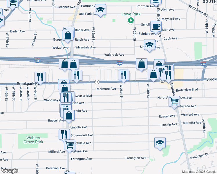 map of restaurants, bars, coffee shops, grocery stores, and more near 2920 Marmore Avenue in Parma