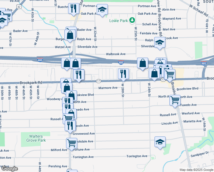 map of restaurants, bars, coffee shops, grocery stores, and more near 3013 Marmore Avenue in Parma