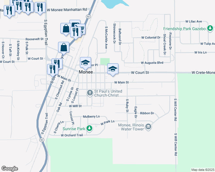 map of restaurants, bars, coffee shops, grocery stores, and more near 5159 West Herbert Street in Monee