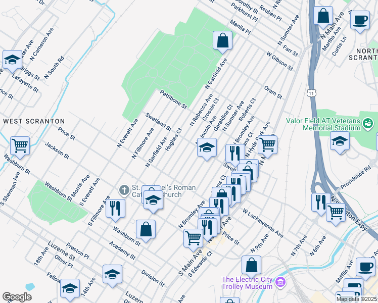 map of restaurants, bars, coffee shops, grocery stores, and more near 357 North Lincoln Avenue in Scranton