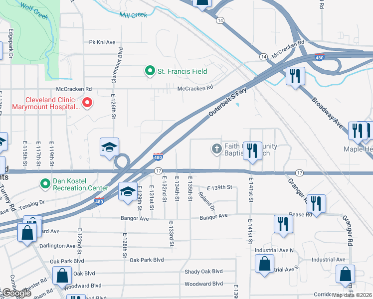 map of restaurants, bars, coffee shops, grocery stores, and more near 5278 East 135th Street in Garfield Heights