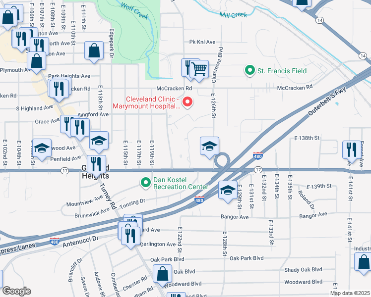 map of restaurants, bars, coffee shops, grocery stores, and more near 12215 Granger Road in Cleveland