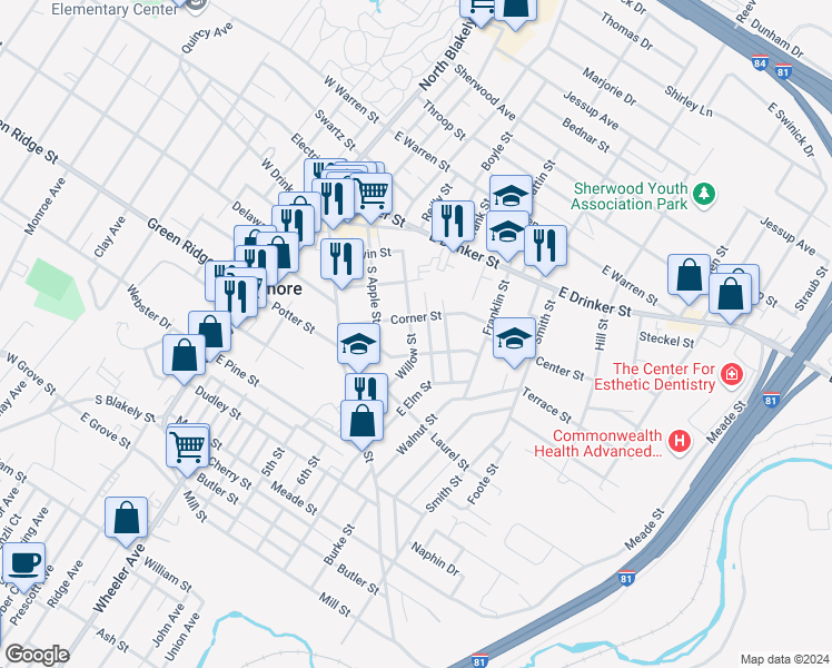 map of restaurants, bars, coffee shops, grocery stores, and more near 201 Willow Street in Dunmore