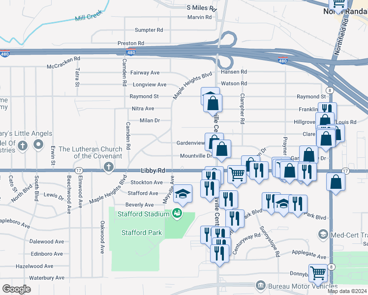 map of restaurants, bars, coffee shops, grocery stores, and more near 19911 Mountville Drive in Maple Heights