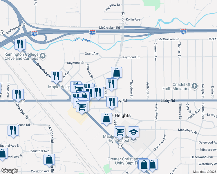 map of restaurants, bars, coffee shops, grocery stores, and more near 5235 Henry Street in Maple Heights