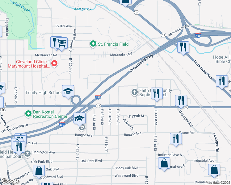 map of restaurants, bars, coffee shops, grocery stores, and more near 5278 East 135th Street in Garfield Heights