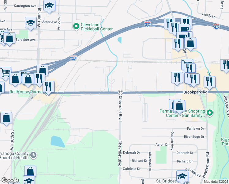 map of restaurants, bars, coffee shops, grocery stores, and more near in Cleveland