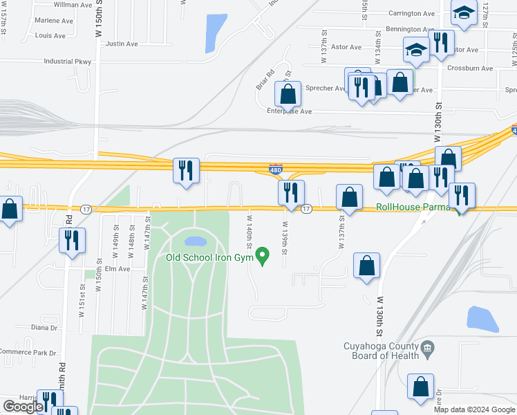 map of restaurants, bars, coffee shops, grocery stores, and more near 14011 Brookpark Road in Brook Park