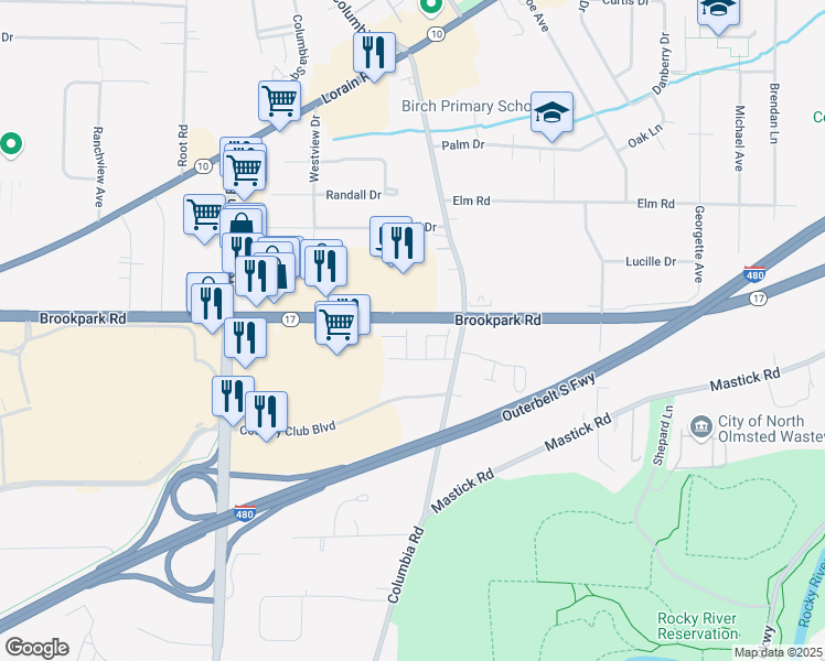 map of restaurants, bars, coffee shops, grocery stores, and more near 24534 Clareshire Drive in North Olmsted