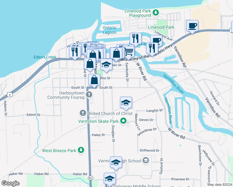 map of restaurants, bars, coffee shops, grocery stores, and more near 871 Douglas Street in Vermilion