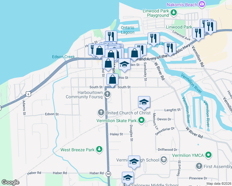 map of restaurants, bars, coffee shops, grocery stores, and more near 873 State Street in Vermilion