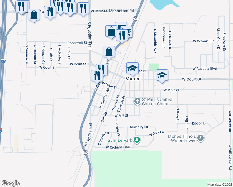 map of restaurants, bars, coffee shops, grocery stores, and more near 25957 Oak Road in Monee