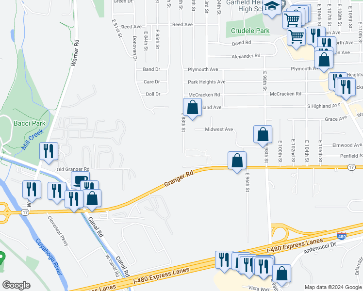 map of restaurants, bars, coffee shops, grocery stores, and more near 5214 East 88th Street in Garfield Heights