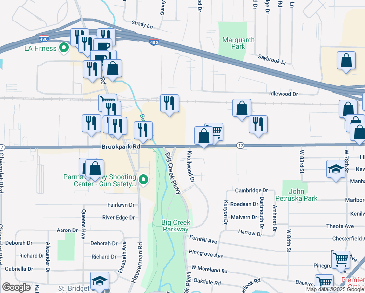 map of restaurants, bars, coffee shops, grocery stores, and more near 9687 Brookpark Road in Cleveland
