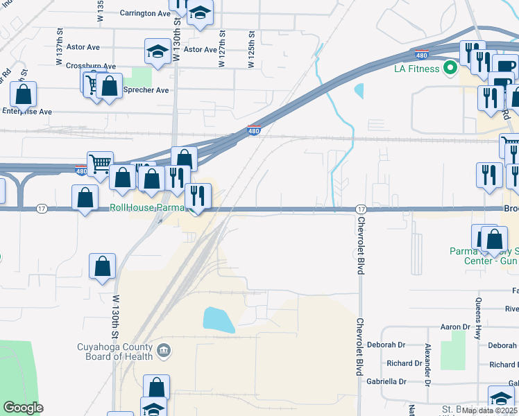 map of restaurants, bars, coffee shops, grocery stores, and more near 12699 Brookpark Road in Parma