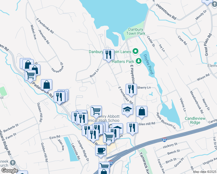 map of restaurants, bars, coffee shops, grocery stores, and more near 20 East Pembroke Road in Danbury