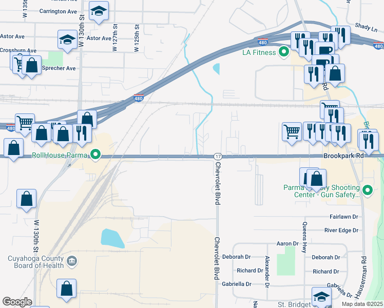 map of restaurants, bars, coffee shops, grocery stores, and more near 11877-12699 Brookpark Rd in Parma