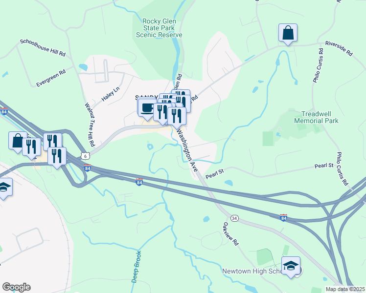 map of restaurants, bars, coffee shops, grocery stores, and more near 18 Washington Avenue in Newtown